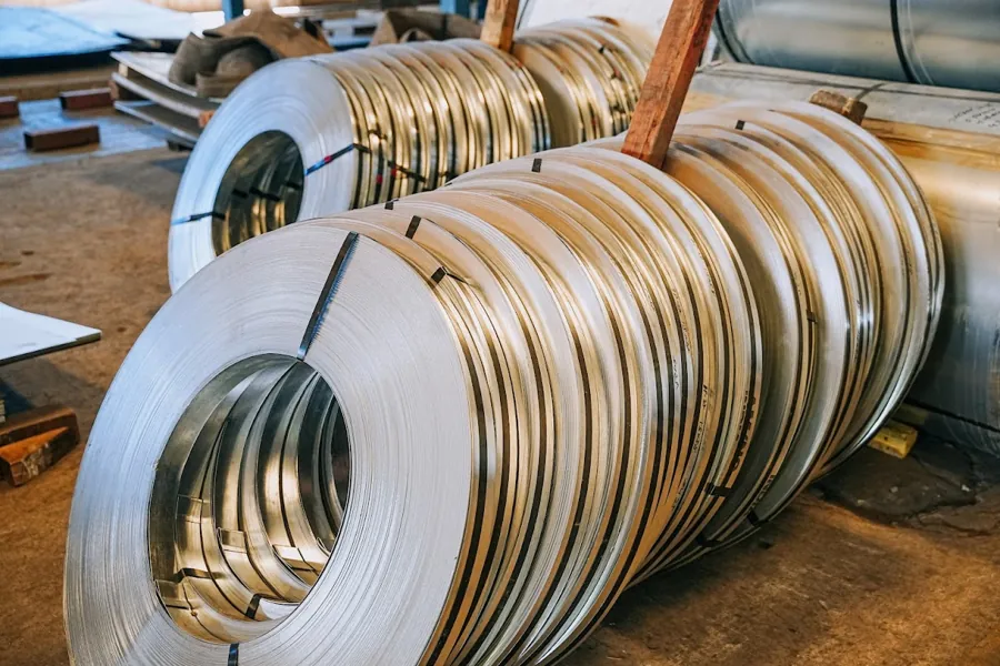 Slit hot-rolled steel coils close-up on the HST Steels HR slitting line